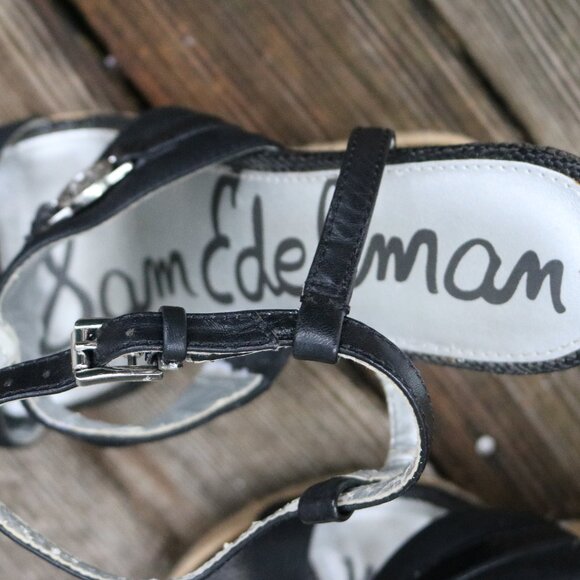 Sam Edelman Karly Black Leather Strappy Ankle Wrap Straw Wedge w Rope Trim Sz 7 - Picture 5 of 10